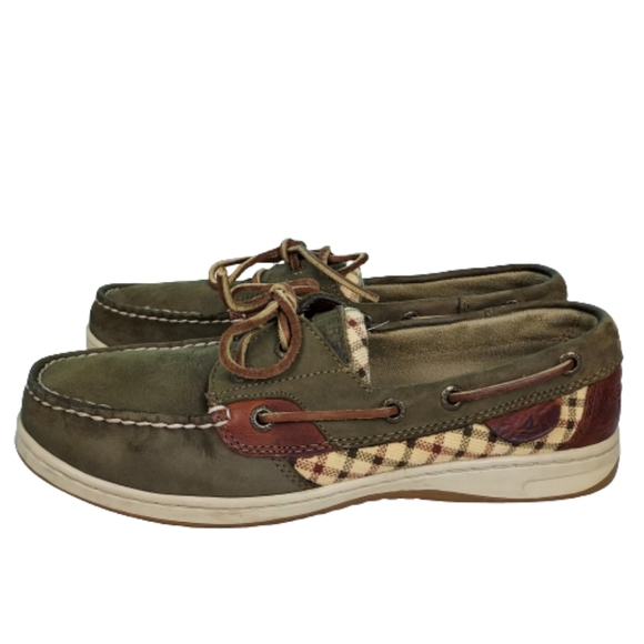 Sperry leather Topsiders, women's size 8.5M, brown with plaid side panels - Picture 2 of 8
